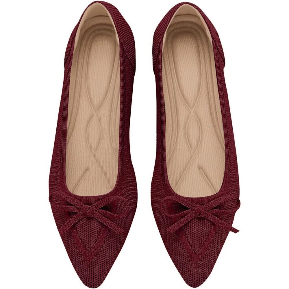 🆕Women Red Knit Pointed Toe Bow Ballet Flats Comfortable Dressy Slip On Shoes
